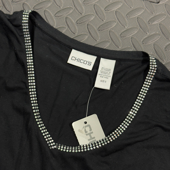Chico's T-Shirt Top Women's XL Black 3/4 Sleeve Rhinestone Rasia Sparkle Stretch - Picture 3 of 6